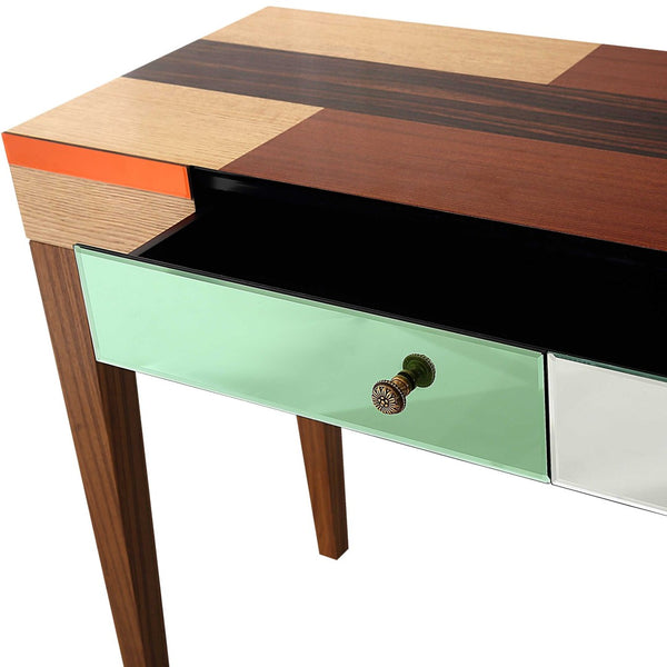 HomeRoots 51" Wood Brown Console Table with Mirrored Accents & Soft-Close Drawers for Stylish Storage Solutions 403870