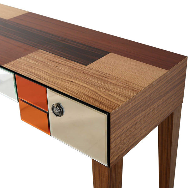 HomeRoots 51" Wood Brown Console Table with Mirrored Accents & Soft-Close Drawers for Stylish Storage Solutions 403870
