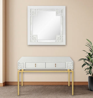 HomeRoots 47" Chic White and Gold Mirrored Console Table with Drawers - Stylish Entryway Accent & Storage Solution 403871