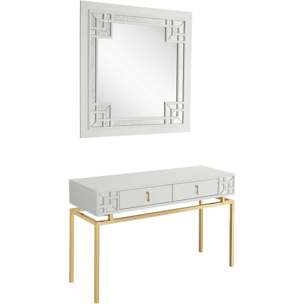 Homeroots Set Of Two 47" White And Gold Solid Wood Mirrored Console Table And Drawers   403871