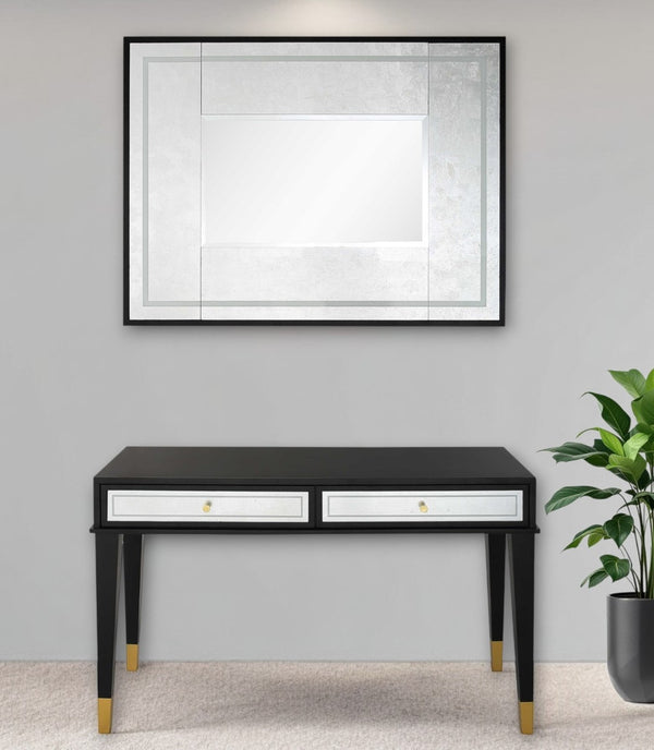HomeRoots 47" Black and Silver Mirrored Console Table with Drawers - Modern Accent for Entryway & Living Rooms 403872