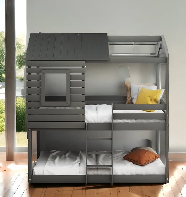 Homeroots Gray Twin Over Twin Bunk Bed With Roof  Manufactured Wood And Solid Wood 403889
