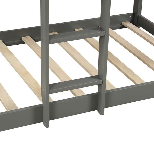 Homeroots Gray Twin Over Twin Bunk Bed With Roof  Manufactured Wood And Solid Wood 403889
