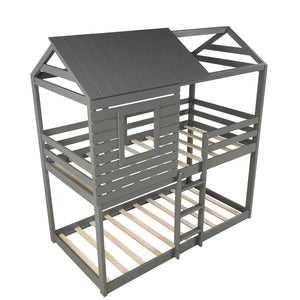 Homeroots Gray Twin Over Twin Bunk Bed With Roof  Manufactured Wood And Solid Wood 403889