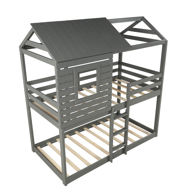 Homeroots Gray Twin Over Twin Bunk Bed With Roof  Manufactured Wood And Solid Wood 403889