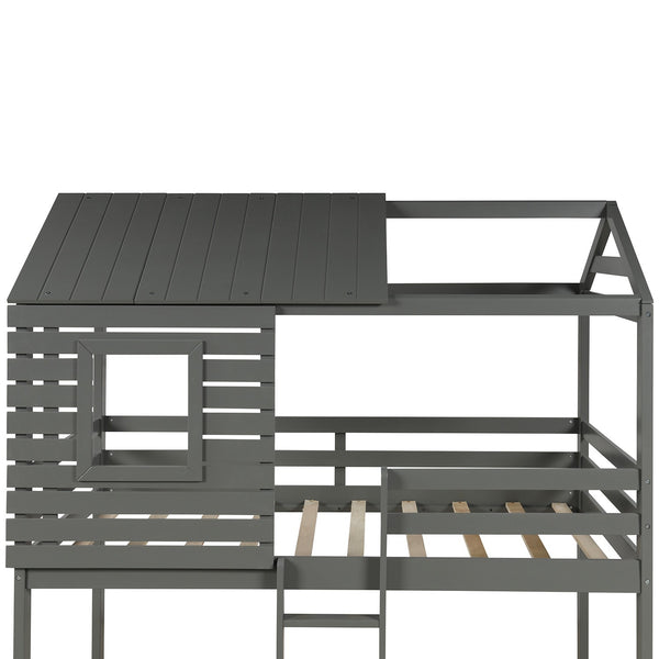 Homeroots Gray Twin Over Twin Bunk Bed With Roof  Manufactured Wood And Solid Wood 403889