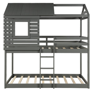Homeroots Gray Twin Over Twin Bunk Bed With Roof  Manufactured Wood And Solid Wood 403889
