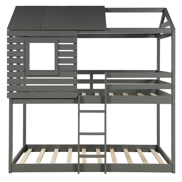 Homeroots Gray Twin Over Twin Bunk Bed With Roof  Manufactured Wood And Solid Wood 403889
