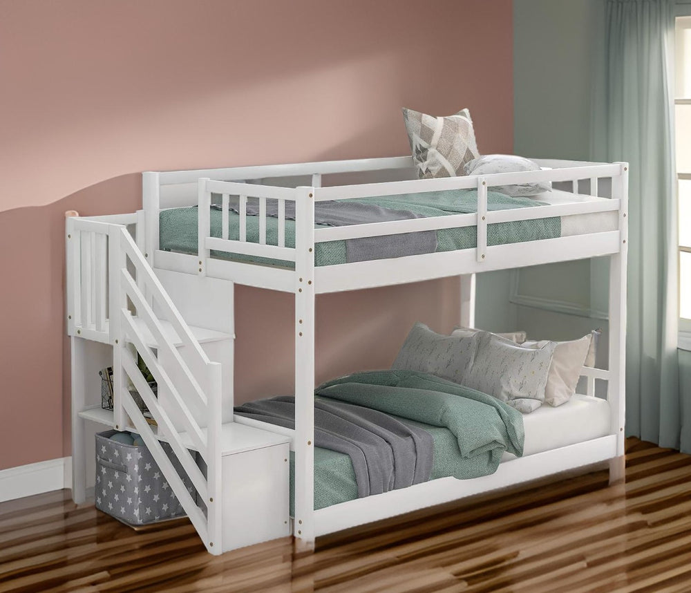 Homeroots White Twin Over Twin Staircase Bunk Bed  Manufactured Wood And Solid Wood 403890