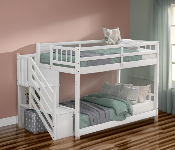Homeroots White Twin Over Twin Staircase Bunk Bed  Manufactured Wood And Solid Wood 403890