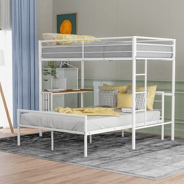 Homeroots White Twin Over Full Size Metal Bunk Bed With Desk  Steel 403898