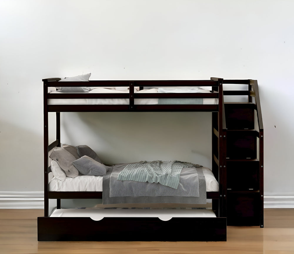 Homeroots Brown Twin Over Twin Bunk Bed With Trundle  Manufactured Wood And Solid Wood 403902