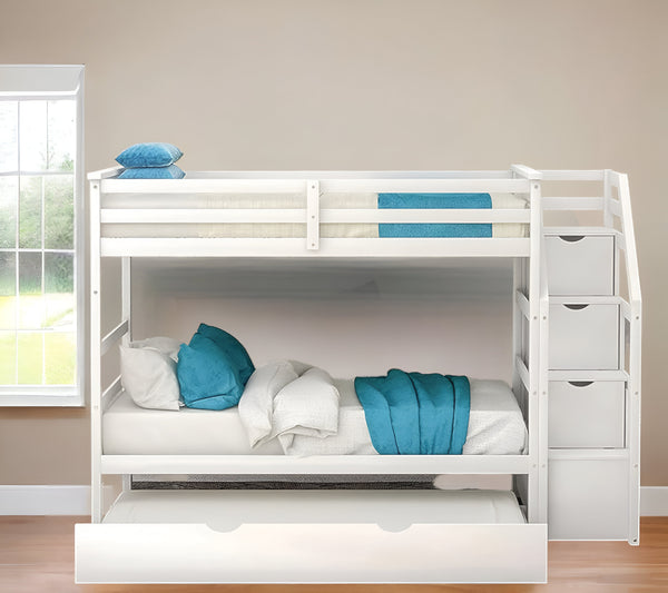 Homeroots White Twin Over Twin Bunk Bed With Trundle  Manufactured Wood And Solid Wood 403907