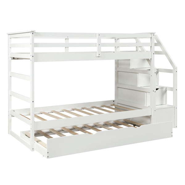Homeroots White Twin Over Twin Bunk Bed With Trundle  Manufactured Wood And Solid Wood 403907