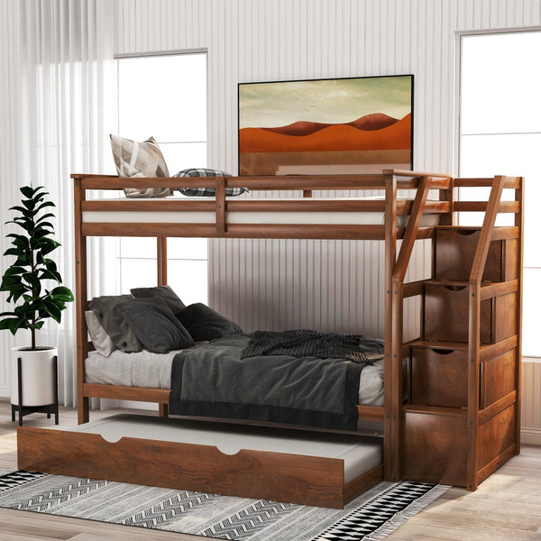 Homeroots Walnut Twin Over Twin Bunk Bed With Trundle  Manufactured Wood And Solid Wood 403908