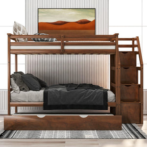 Homeroots Walnut Twin Over Twin Bunk Bed With Trundle  Manufactured Wood And Solid Wood 403908