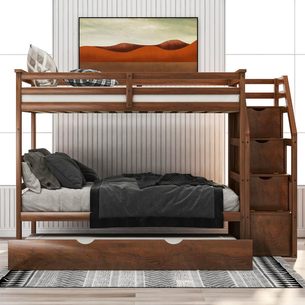 Homeroots Walnut Twin Over Twin Bunk Bed With Trundle  Manufactured Wood And Solid Wood 403908