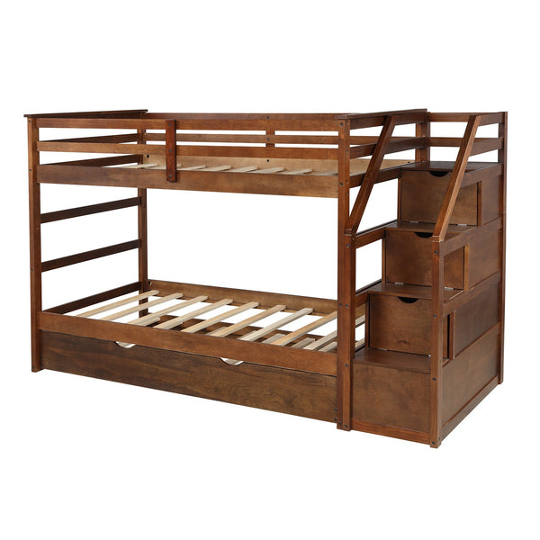 Homeroots Walnut Twin Over Twin Bunk Bed With Trundle  Manufactured Wood And Solid Wood 403908