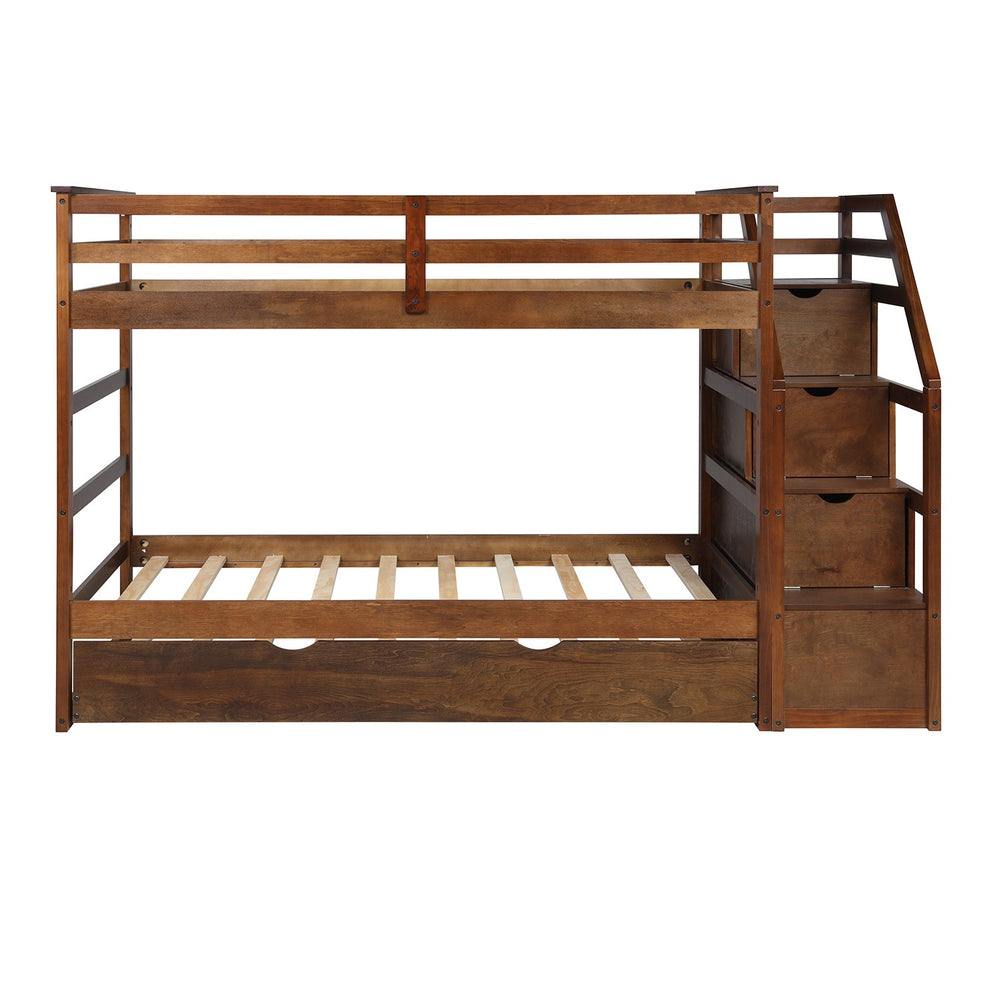 Homeroots Walnut Twin Over Twin Bunk Bed With Trundle  Manufactured Wood And Solid Wood 403908