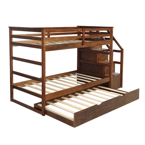 Homeroots Walnut Twin Over Twin Bunk Bed With Trundle  Manufactured Wood And Solid Wood 403908
