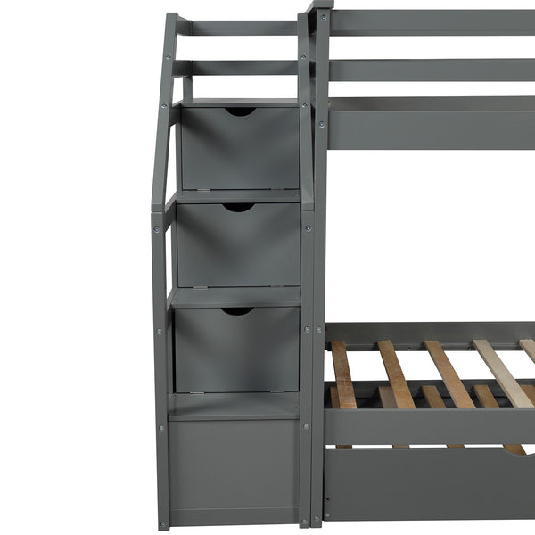 Homeroots Gray Twin Over Twin Bunk Bed With Trundle  Manufactured Wood And Solid Wood 403909