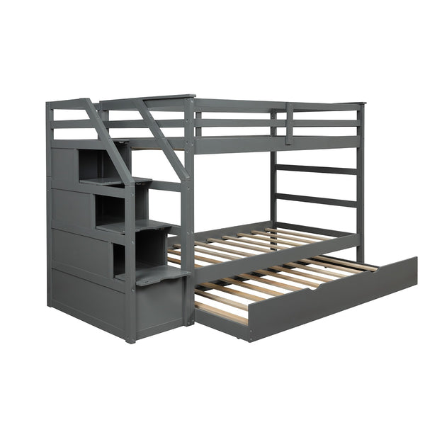 Homeroots Gray Twin Over Twin Bunk Bed With Trundle  Manufactured Wood And Solid Wood 403909