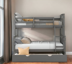 Homeroots Gray Twin Over Full Size Bunk Bed With Trundle  Manufactured Wood And Solid Wood 403910