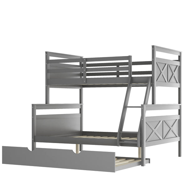 Homeroots Gray Twin Over Full Size Bunk Bed With Trundle  Manufactured Wood And Solid Wood 403910