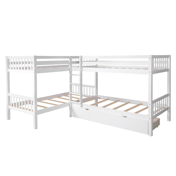 Homeroots White Twin Size L Shaped Double Bunk Bed With Drawer  Manufactured Wood And Solid Wood 403912