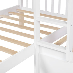 Homeroots White Twin Size L Shaped Double Bunk Bed With Drawer  Manufactured Wood And Solid Wood 403912