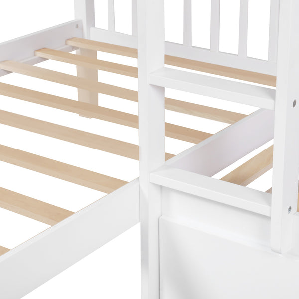 Homeroots White Twin Size L Shaped Double Bunk Bed With Drawer  Manufactured Wood And Solid Wood 403912