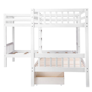 Homeroots White Twin Size L Shaped Double Bunk Bed With Drawer  Manufactured Wood And Solid Wood 403912