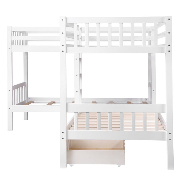 Homeroots White Twin Size L Shaped Double Bunk Bed With Drawer  Manufactured Wood And Solid Wood 403912