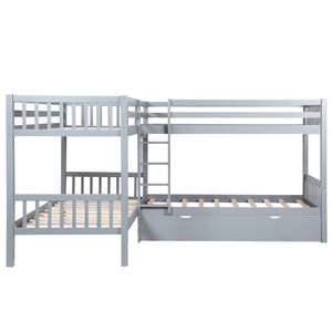 Homeroots Gray Twin Size L Shaped Double Bunk Bed With Drawer  Manufactured Wood And Solid Wood 403913