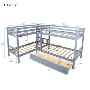 Homeroots Gray Twin Size L Shaped Double Bunk Bed With Drawer  Manufactured Wood And Solid Wood 403913