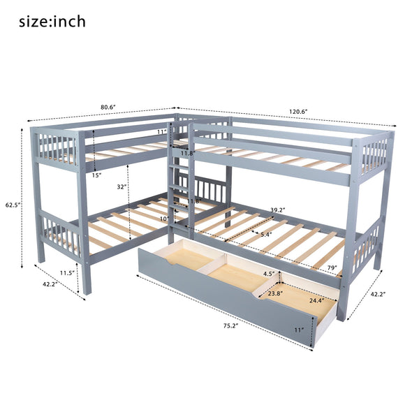 Homeroots Gray Twin Size L Shaped Double Bunk Bed With Drawer  Manufactured Wood And Solid Wood 403913