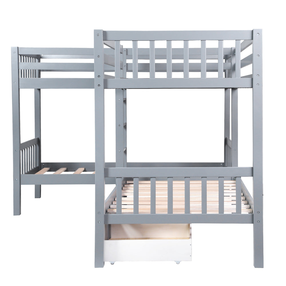 Homeroots Gray Twin Size L Shaped Double Bunk Bed With Drawer  Manufactured Wood And Solid Wood 403913
