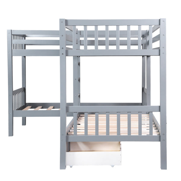Homeroots Gray Twin Size L Shaped Double Bunk Bed With Drawer  Manufactured Wood And Solid Wood 403913