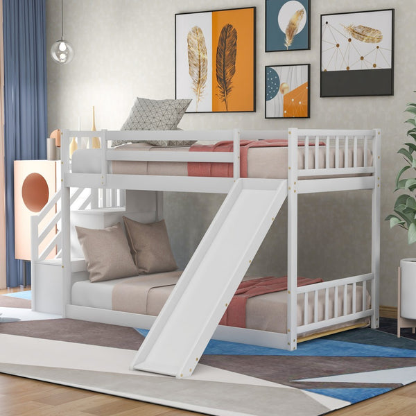 Homeroots White Twin Over Twin Bunk Bed With Stairway And Slide  Manufactured Wood And Solid Wood 403914