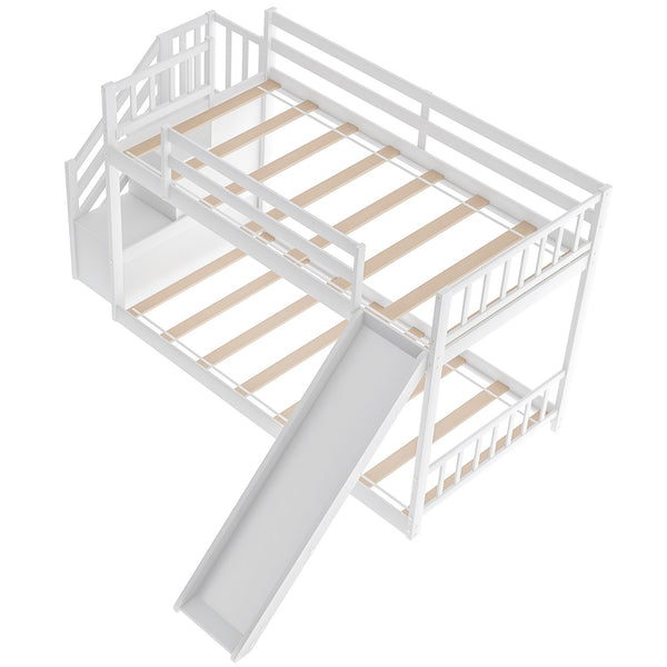 Homeroots White Twin Over Twin Bunk Bed With Stairway And Slide  Manufactured Wood And Solid Wood 403914