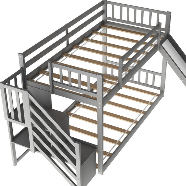 Homeroots Gray Twin Over Twin Bunk Bed With Stairway And Slide  Manufactured Wood And Solid Wood 403915