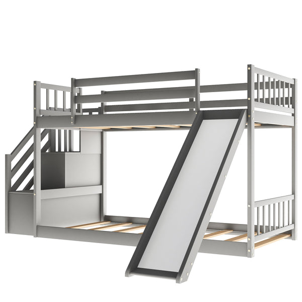 Homeroots Gray Twin Over Twin Bunk Bed With Stairway And Slide  Manufactured Wood And Solid Wood 403915