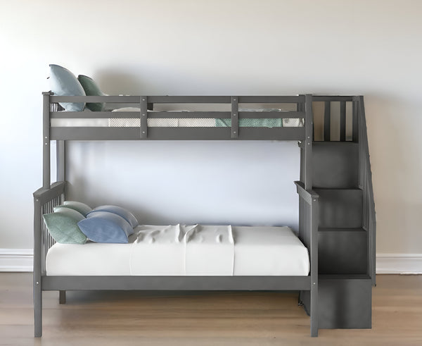 Homeroots Gray Twin Over Full Contemporary Bunk Bed With Stairs And Shelves  Manufactured Wood And Solid Wood 403935