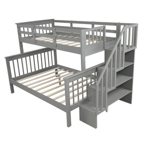 Homeroots Gray Twin Over Full Contemporary Bunk Bed With Stairs And Shelves  Manufactured Wood And Solid Wood 403935