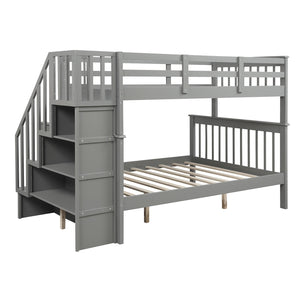 Homeroots Gray Twin Over Full Contemporary Bunk Bed With Stairs And Shelves  Manufactured Wood And Solid Wood 403935
