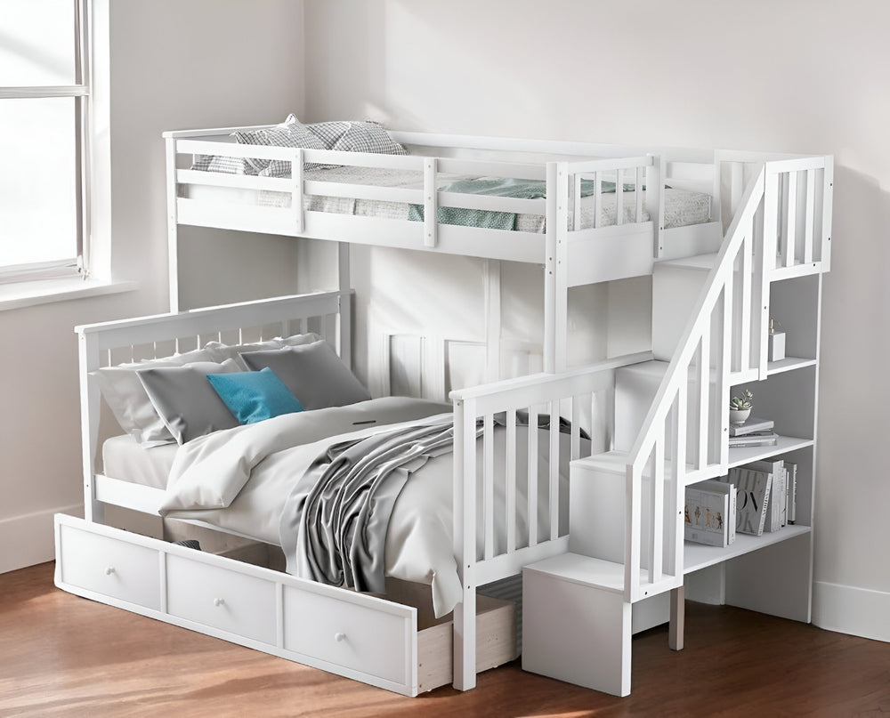 Homeroots White Twin Over Full Contemporary Bunk Bed With Stairs And Shelves  Manufactured Wood And Solid Wood 403936
