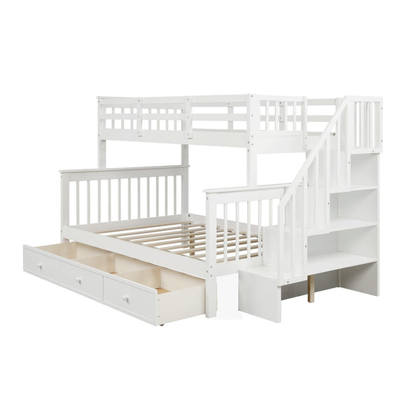Homeroots White Twin Over Full Contemporary Bunk Bed With Stairs And Shelves  Manufactured Wood And Solid Wood 403936