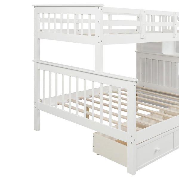 Homeroots White Twin Over Full Contemporary Bunk Bed With Stairs And Shelves  Manufactured Wood And Solid Wood 403936