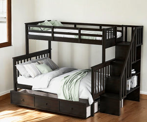 Homeroots Espresso Twin Over Full Contemporary Bunk Bed With Stairs And Shelves  Manufactured Wood And Solid Wood 403937