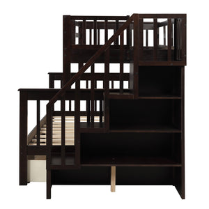 Homeroots Espresso Twin Over Full Contemporary Bunk Bed With Stairs And Shelves  Manufactured Wood And Solid Wood 403937